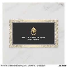 a black and gold business card with a crown on the front, in an art deco style