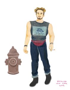 a drawing of a man standing in front of a fire hydrant with his hands on his hips