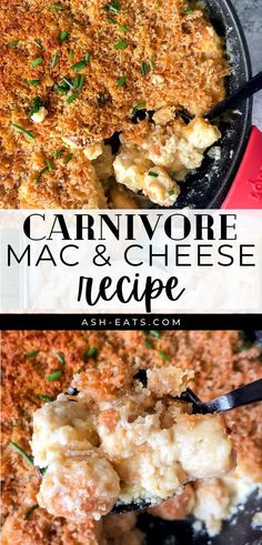 two pictures with the words carnivore mac and cheese recipe in black letters