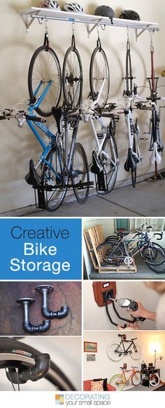 there are many bikes that are on the wall in this garage and it's organized