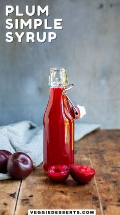 Bottle of plum syrup on a wooden table. Dragon Fruit Syrup Recipe, Chai Syrup Recipe, Dragon Fruit Recipes, Fruit Wine Recipes, Cranberry Syrup, Dragonfruit Recipes, Cranberry Simple Syrup, Dragon Fruits