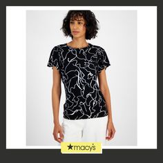 in stock Elegant Black Flutter Sleeve Top, Short Sleeve Graphic Print Tops, Elegant Short Sleeve Graphic Print Tops, Casual Crew Neck Top For Evening, Trendy Black Flutter Sleeve Tops, Elegant Fitted Top With Graphic Print, Casual Short Sleeve Top For Evening, Elegant Black Top With Graphic Print, Chic Black Flutter Sleeve Tops