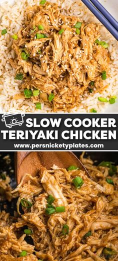 slow cooker teriyaki chicken in a bowl with rice and chopsticks