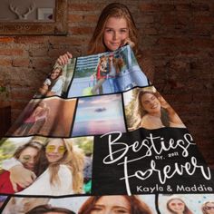 a woman is holding up a blanket with photos on it that says besties forever