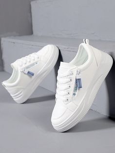 Women's Casual Sports Sneakers, Lightweight Non-Slip Flat Lace-Up White Shoes For All Seasons White Blue    PU Leather     Sports & Outdoor Shoes, size features are:Bust: ,Length: ,Sleeve Length: White High-top Breathable Running Shoes, White Lace-up Running Shoes For School, White High-top Synthetic Walking Shoes, Cheap White Chunky Sneakers For Sports, Flat Sneakers Women, White Kawaii Sneakers With Synthetic Material, Casual Athletic Shoes, Basket Sport, Office Shoes