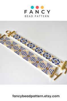 two bracelets with gold clasps and blue bead pattern on them, one is for