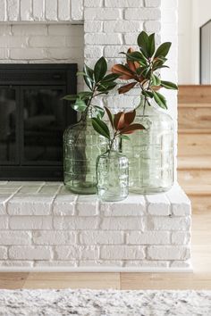 three vases with plants in them sitting on a fireplace mantel next to a fire place