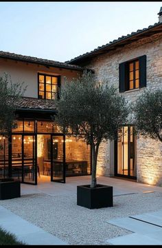 an outside view of a house with trees and lights