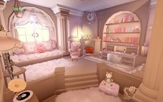 the room is decorated in pastel pinks and whites, with lots of furniture