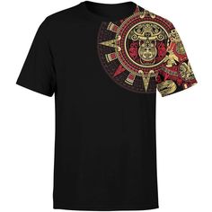 Mexico 3D T Shirt, Gold And Red Aztec Calendar On Sleeves And Chest Special Colorful Pattern Aztec All Over Print 3D T Shirt, Mexican Aztec Shirts Aztec Jaguar, Jaguar Warrior, Casual Confortable, Aztec Shirt, Cool Shirt Designs, Warriors Shirt, 3d T Shirts, Unisex Tshirt, Shirt Pattern