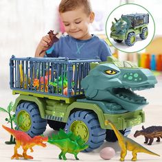 a young boy playing with toy dinosaurs in his truck and dinosaur toys on the floor