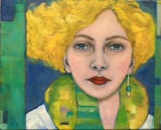 a painting of a woman with yellow hair and blue eyes, wearing green necklaces