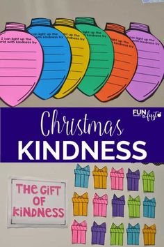 the christmas kindness bulletin board is decorated with bright colors and presents on it's side