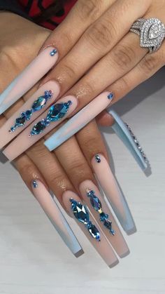 Winter Acrylic Nails With Rhinestones, Gel Nail Designs Rhinestones, Simple Xxl Nails, Large Rhinestone Nails, Plain Gem Nails, Nails Crystals Designs, Sagittarius Nails Designs Acrylic, Long Square Acrylic Nails With Diamonds, Nail Designs Jewels