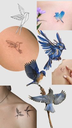 several different pictures of birds and flowers on the back of a woman's chest