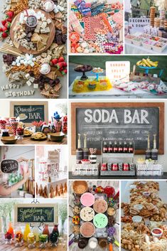 a collage of different types of desserts and drinks on display at a party