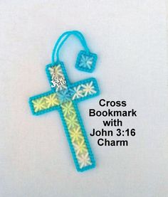 cross bookmark with john 3 16 charm in blue and white crochet pattern