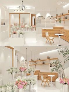 the interior of a modern kitchen with flowers in vases