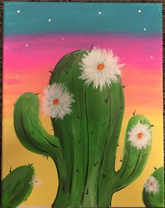 a painting of a cactus with white flowers