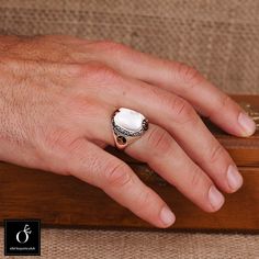 Men's mother of Pearl gemstone signet ring which will give you a head turning presence. This mystic, vintage style, engraved ring has a unique design for the polished, refined, and distinguished man. Perfect for casual and formal events, it will make your friends envious as you walk into the room full of confidence and pride. Looking for a unique, one of a kind GIFT FOR HIM, groomsman gift, father's day gift, teacher day gift? Look no further. This cool gemstone ring is the right answer and best Vintage Engraved Wedding Band, Mother Of Pearl Wedding, Pearl Wedding Band, Band Inspiration, Gemstone Wedding Band, Mystic Jewelry, Pearl Wedding Bands, Warrior Ring, Pearl Anniversary