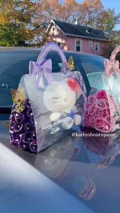 two hello kitty bags sitting on the hood of a car