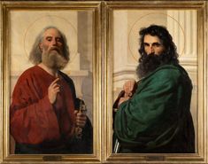 two paintings of men with long hair and beards, one wearing a green robe