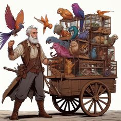 an old man holding a bird cage with many birds in it and on top of the cart