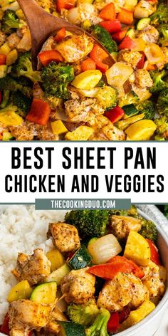 the best sheet pan chicken and veggies recipe is shown in this collage