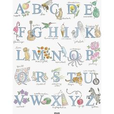 an alphabet with animals and flowers on it