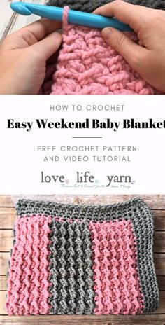 crocheted baby blanket with text overlay that says how to crochet easy weekend baby blanket