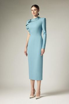 Freda Sheath Asymmetric Sleeved Crepe Calf Length Dress | MEAN BLVD Fitted Midi Dress With Draped Sleeves And Asymmetrical Hem, Blue Midi Dress With Draped Sleeves For Evening, Chic Blue Midi Dress With Draped Sleeves, Blue Dress With Ruffles And Asymmetrical Neckline, Spring Office Dress With Asymmetrical Neckline, Elegant Blue Asymmetrical Midi Dress, Light Blue Fitted Midi Dress For Evening, Formal Blue Midi-length Asymmetrical Dress, Blue Midi Dress With Draped Sleeves