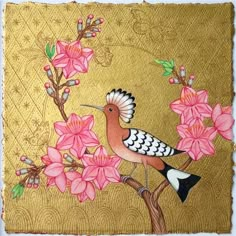 a painting of a bird on a branch with pink flowers in it's beak