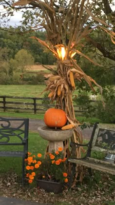 a pumpkin sitting on top of a bird bath next to a bench in a park