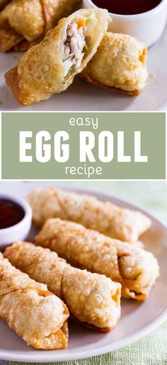 egg roll recipe on a white plate with dipping sauce in the middle and an egg roll cut in half