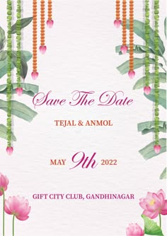 save the date card with pink flowers and greenery