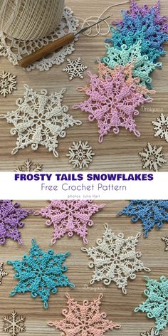 crochet snowflake pattern with the words frosty tails on it