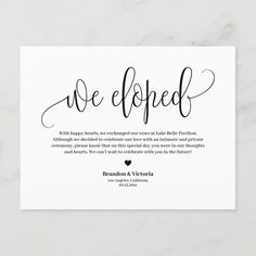 we elopeded card with black ink and hearts on the front, in white paper