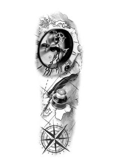 a black and white drawing of a clock with compass on it's side, surrounded by other drawings