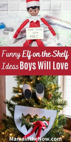 Don't do another Elf on the Shelf season without these super fun ideas for boys! These Elf on the Shelf ideas are perfect for boy moms everywhere! Even our older kids have enjoyed these Elf on the Shelf tricks and Elf on the Shelf adventures. #ElfontheShelf #BoyMom #ElfontheShelfforBoys #ElfontheShelfIdeas #MamaintheNow #Christmas Elf On The Shelf With Christmas Tree, Elf Decorating Christmas Tree, Rlf On The Shelf Ideas For Kids For Boys, Elfie Ideas Christmas Elf, Elf On The Shelf Tricks, Hygge Christmas