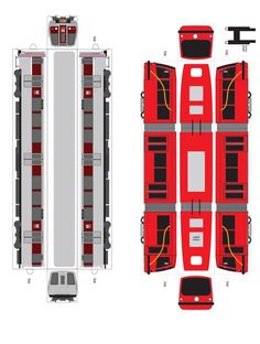 an overhead view of the front and back sides of a red truck with its doors open