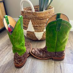 Men’s Anderson Bean Boot Big Bass Piararucu Vamp, Green Bison Top Size And Width: 11d Very Good, Used Condition Original Price: $630 Anderson Bean Boots, Cowboy Western, Western Cowboy Boots, Shoes Men, Western Boots, Bass, Men's Shoes, Cowboy, Man Shop