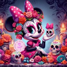 a painting of a minnie mouse with skulls and flowers on it's head, surrounded by candles