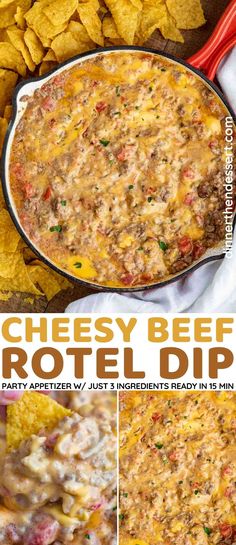 cheesy beef rota dip in a skillet with tortilla chips