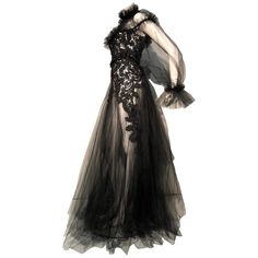 Torso Creations, Victorian hand-made cord lace and tulle are paired in a high collar goth-style gown with sash. Be as daring as you like in this whirl of diaphanous tulle. Ruffles frame the neck decolletage and full skirt in the extraordinarily beautiful, custom-made gown or peignoir. Back hook and eye closures. Goth Gown, Alaia Dress, New Look Fashion, Victorian Goth, Cord Lace, Ball Gowns Evening, Black Tulle, Empire Waist Dress, Rayon Dress