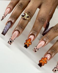 Indie Nails, Acrylic Nails Fall, Nails Aesthetics, Fall Press On Nails, Bohemian Nails, Abstract Nails, Nails Brown, Print Nails, Nails Fake