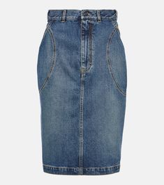 Denim pencil skirt in blue - Alaia | Mytheresa Luxury Fitted Denim Skirt, Straight Leg, Denim Skirt Outfits, Denim Pencil Skirt, Color Name, Skirt Outfits, Preppy Style, Designing Women, Denim Skirt, Pencil Skirt