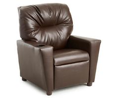 a brown leather recliner chair with a cup holder