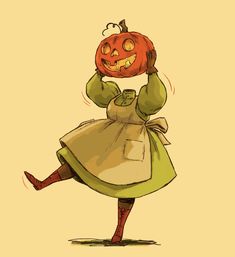 a woman in an orange dress holding up a pumpkin