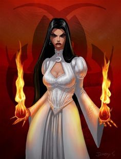 a woman dressed in white holding two flames