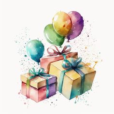 watercolor painting of presents with balloons and ribbons